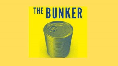 a yellow logo of the bunker podcast