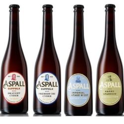 Four Aspall vegan cider bottles in a row with different colour labels