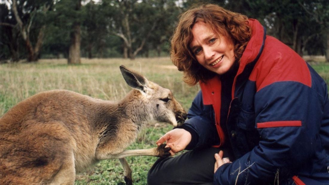 Juliet Gellatley with a kangaroo
