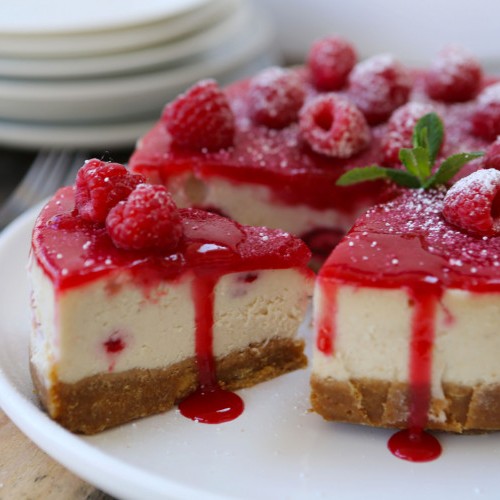 Vegan White Chocolate & Raspberry Baked Cheesecake