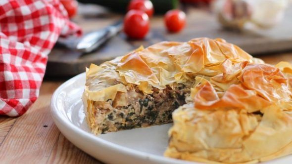 A filo pie filled with spinach, walnut and ricotta.
