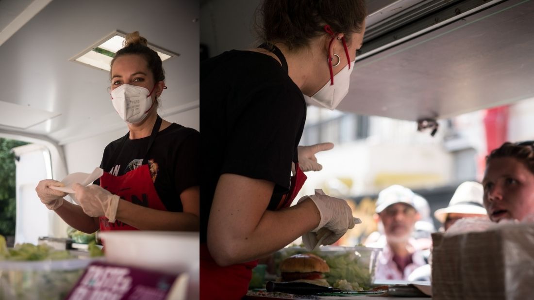 Handing out free burgers