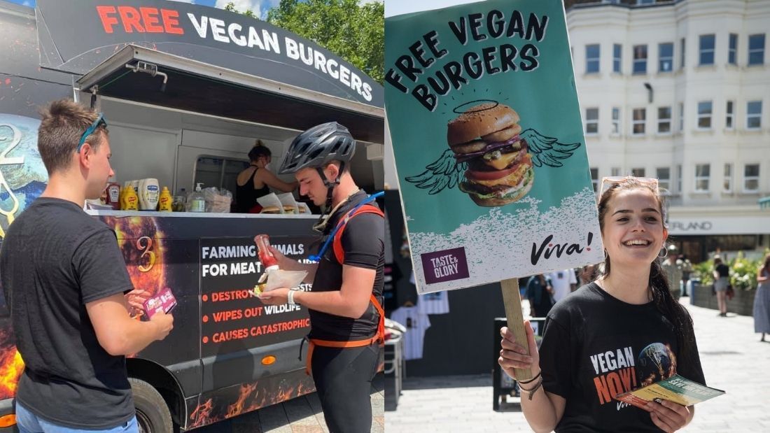 Holding up free burger sign