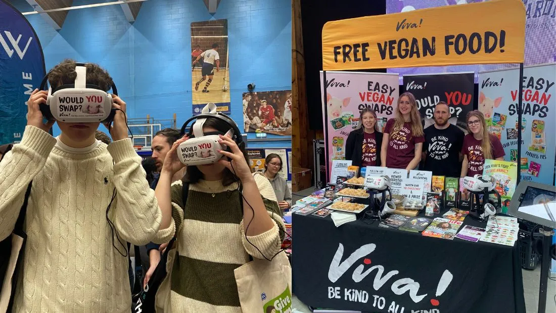 Students at Bath freshers fayre try out Viva! VR headsets.