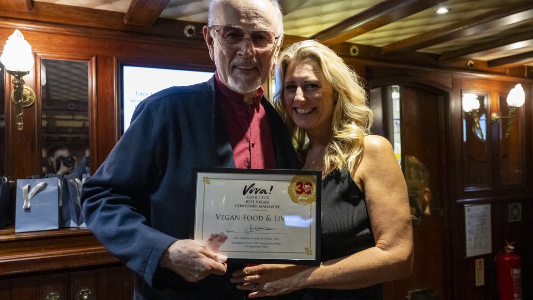 Holly Johnson accepts the award for Vegan Food & Living. Pictured with Peter Egan.